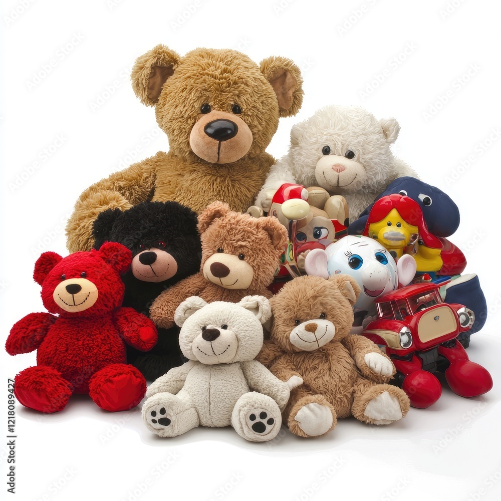 Adorable plush toys, playful group, white background, nursery decor, kids Adorable plush toys, playful group, white background, nursery decor, kids