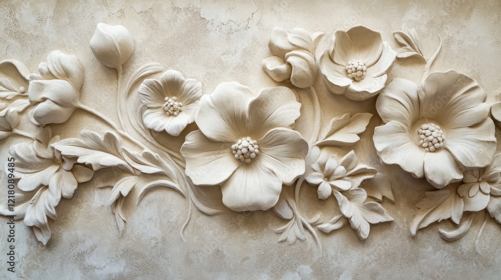 Decorative wall relief featuring intricate floral designs crafted from plaster in a modern interior setting Decorative wall relief featuring intricate floral designs crafted from plaster in a modern interior setting