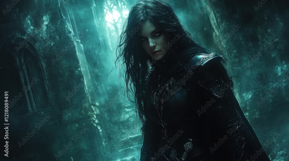 Obraz premium Mysterious woman in dark fantasy attire stands in ancient ruins, illuminated by an ethereal glow.