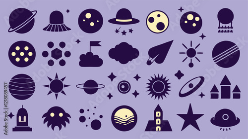 Flat Icons Silhouettes Depicting Space Phenomena like Black Holes and Nebulae