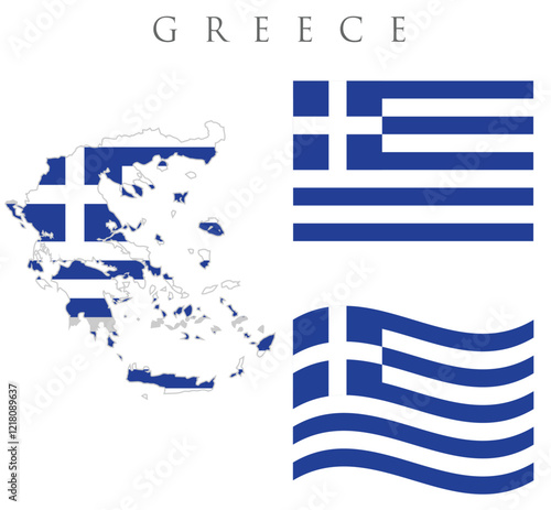 Greece  map with flag embeded inside with 2  flags wavy flag and rectangular flag vector illustration