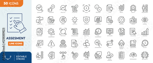 Assesment line editable icon set. Containing Audit, analysis, plan, evaluation, result, goal and more. Vector illuatration