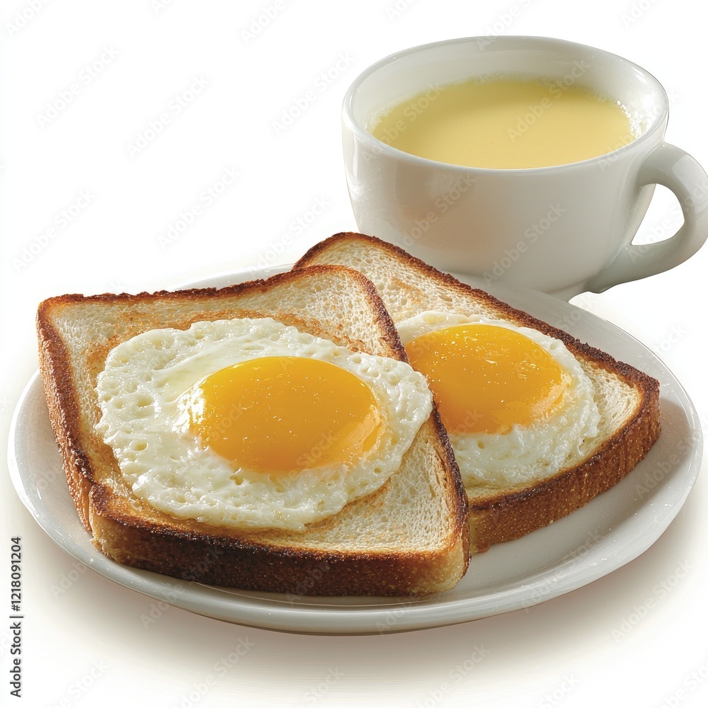 Fototapeta premium Sunny-side up eggs on toast with corn soup; breakfast meal