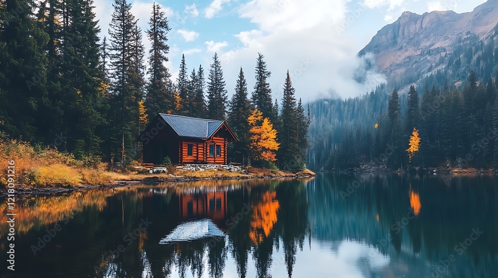 Fototapeta premium Tranquil cabin reflection on serene lake autumn nature scene natural background mountainous environment