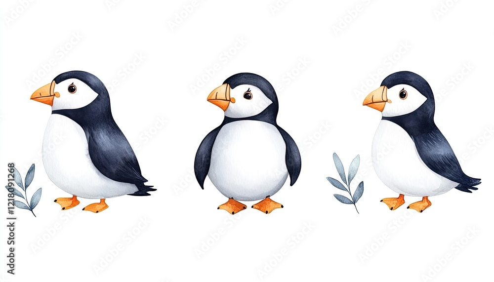 Three charming puffins standing amidst delicate foliage, showcasing their unique features and playful nature Three charming puffins standing amidst delicate foliage, showcasing their unique features and playful nature