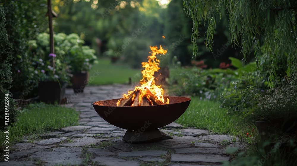 Enjoying a warm evening by a cozy fire pit surrounded by blooming flowers at sunset
