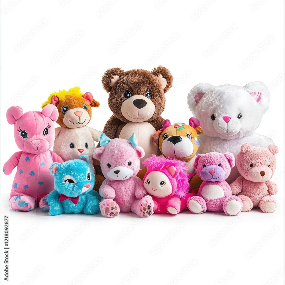 Adorable plush toys collection, studio shot, white background, kids play Adorable plush toys collection, studio shot, white background, kids play