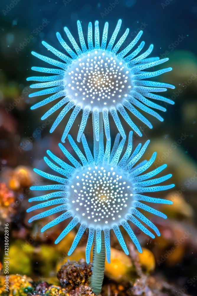 Fototapeta premium Beautiful Blue Marine Organisms with Radiating Tentacles Underwater