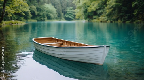 Serene white rowboat on tranquil teal lake, lush green forest backdrop.