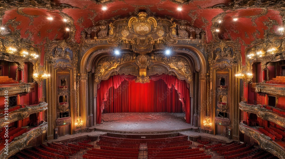 Obraz premium Ornate theater interior, red velvet curtain, empty stage, grand architecture.