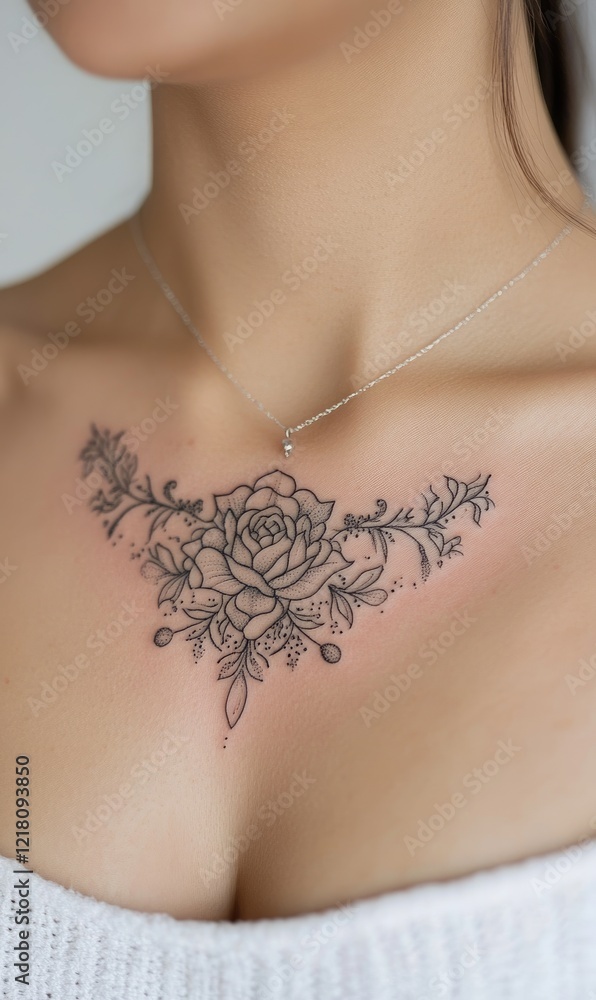An elegant floral tattoo adorns the chest area, featuring delicate line work and shading that highlights the artistry of the design An elegant floral tattoo adorns the chest area, featuring delicate line work and shading that highlights the artistry of the design