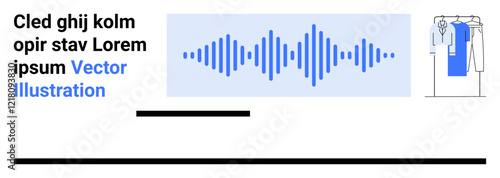 Sound wave graphic in blue with sample text on left and clothing rack with garments on right. Ideal for design projects, marketing, tech, fashion, branding, business, creative industries. Landing