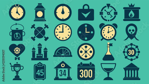 Flat Icons Silhouettes Depicting Time and Clock History with Hourglasses, Sundials, and Digital Clocks