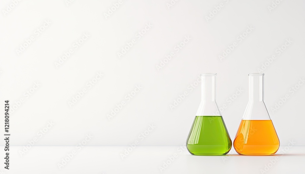 Two laboratory flasks containing vibrant green and orange liquids on a clean white surface, ideal for science themes Two laboratory flasks containing vibrant green and orange liquids on a clean white surface, ideal for science themes