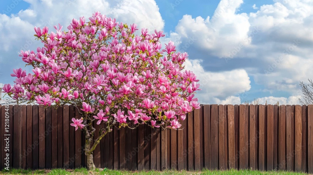 Fototapeta premium Beautiful spring garden with blooming magnolia tree and modern wooden fence creating a tranquil outdoor space