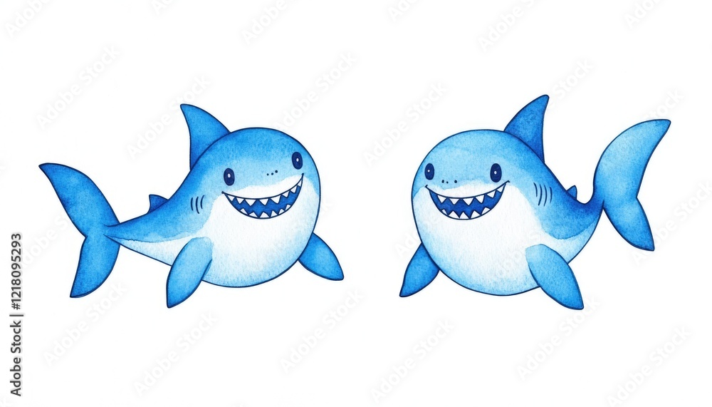 Two cheerful cartoon sharks swimming playfully in a bright, simple ocean-themed illustration Two cheerful cartoon sharks swimming playfully in a bright, simple ocean-themed illustration