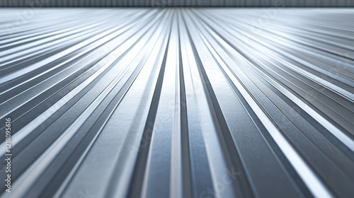 Glossy galvanized ribbed corrugated steel sheet, showcasing a close-up texture of roofing metal cladding.