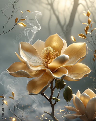  golden magnolia flower on foggy background, created by generative ai