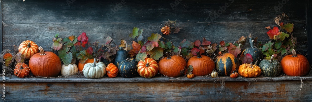 Vibrant Autumn Display of Various Pumpkins and Colorful Foliage Adorning a Rustic Wooden Shelf with Dark Background During Harvest Season Vibrant Autumn Display of Various Pumpkins and Colorful Foliage Adorning a Rustic Wooden Shelf with Dark Background During Harvest Season