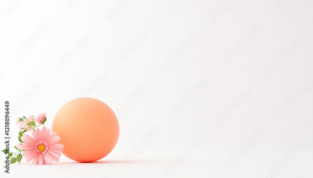 Fototapeta premium Soft peach sphere beside delicate pink flowers on a clean white background, ideal for minimalistic design projects