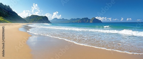 Serene tropical beach with gentle waves lapping golden sand, lush green hills in background under a vibrant blue sky.