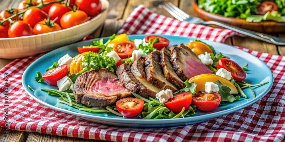 A checkered tablecloth sets the scene for a summer feast: lamb flank steak salad, perfectly styled for photography. A checkered tablecloth sets the scene for a summer feast: lamb flank steak salad, perfectly styled for photography.
