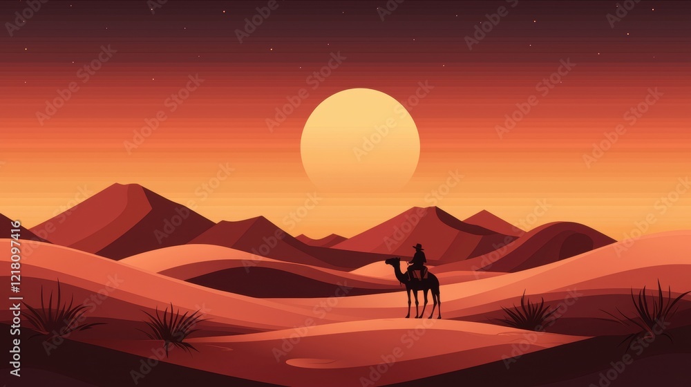 Fototapeta premium Serene sunset in a desert landscape with a lone rider