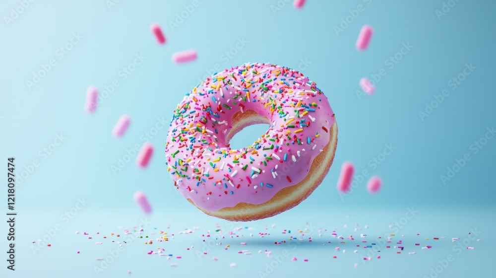 Colorful donut with sprinkles floating in vibrant background Colorful donut with sprinkles floating in vibrant background