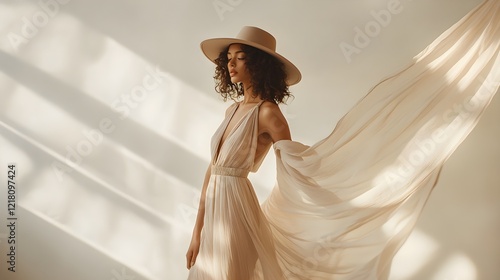 elegant woman in beige dress and hat with flowing fabric