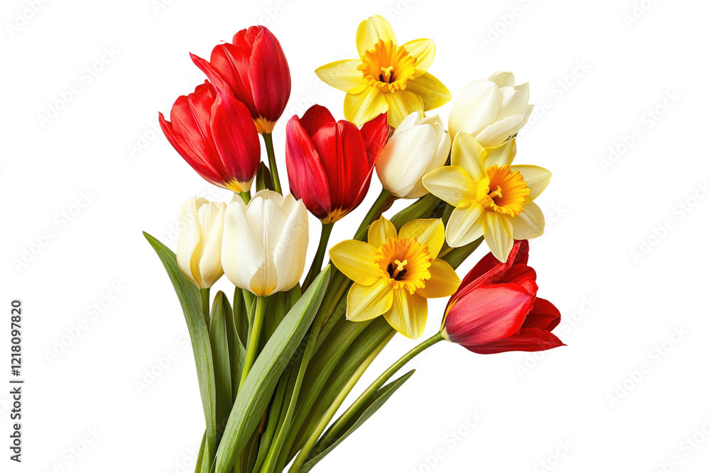 Colorful bouquet of red tulips and yellow daffodils with green leaves isolated on white or transparent, PNG Colorful bouquet of red tulips and yellow daffodils with green leaves isolated on white or transparent, PNG