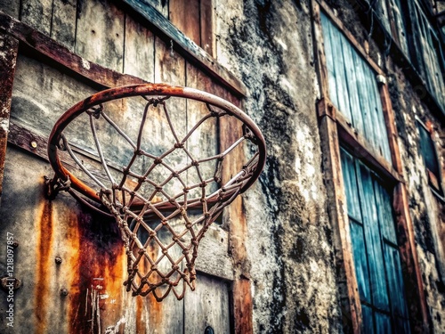 A classic game unfolds:  worn basketball, old hoop, urban setting â€“ a timeless black and white streetball story. photo