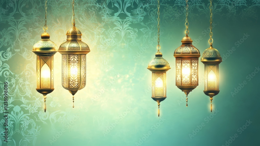 Islamic theme with hanging lanterns and ornamental patterns. pastel color Islamic theme with hanging lanterns and ornamental patterns. pastel color