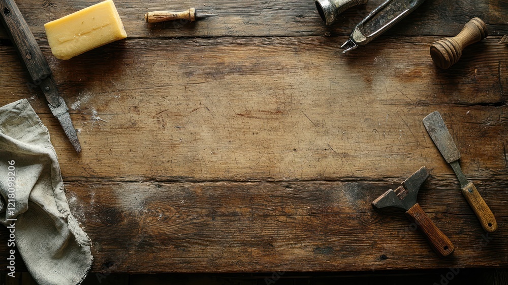 Rustic wooden table with tools and cheese. Rustic wooden table with tools and cheese.