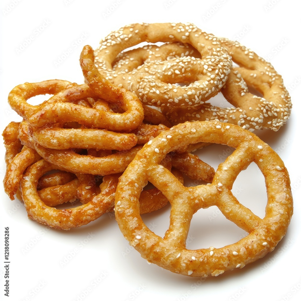 Sesame and plain pretzels, snack food, white background, delicious treat, food photography Sesame and plain pretzels, snack food, white background, delicious treat, food photography