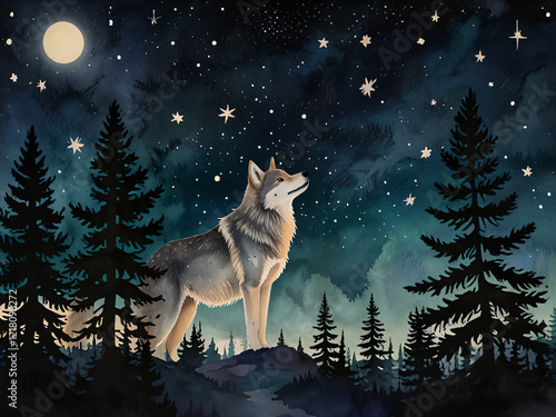 This commercial illustration features a wolf in a dark, starry forest at night.
