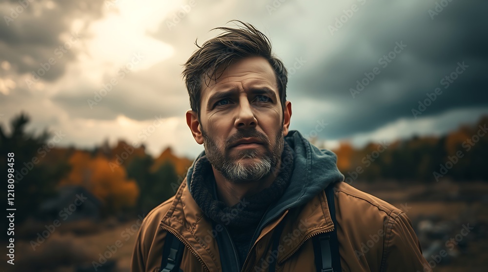 Thoughtful Man in Autumn Woods Contemplating the Landscape Thoughtful Man in Autumn Woods Contemplating the Landscape