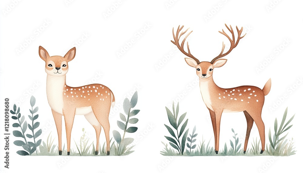 Obraz premium Two stylized deer standing amidst soft green foliage, showcasing a serene forest environment