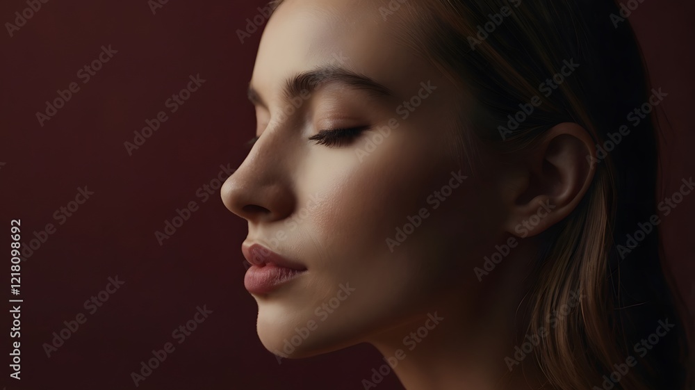 Profile of young beautiful woman with her eyes closed - peace of mind concept - calm and relax or being in present moment with meditation or contemplation with deep breath - in focus of deep thoughts Profile of young beautiful woman with her eyes closed - peace of mind concept - calm and relax or being in present moment with meditation or contemplation with deep breath - in focus of deep thoughts