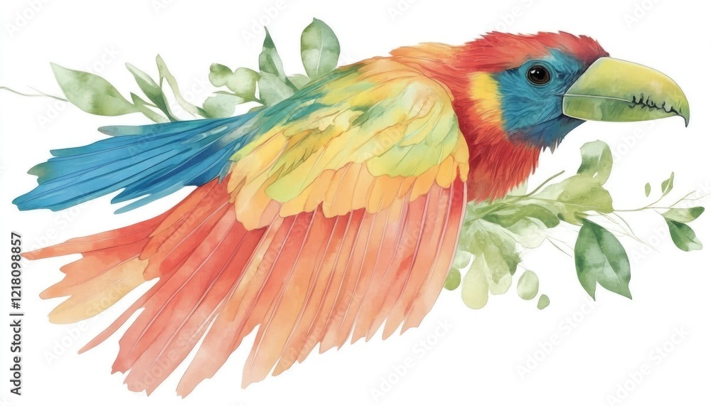 Obraz premium Vibrant watercolor illustration of a colorful parrot in flight surrounded by lush green foliage