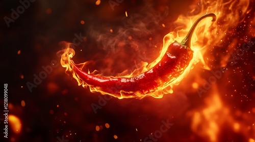 Hot chilli pepper in flames on dark background