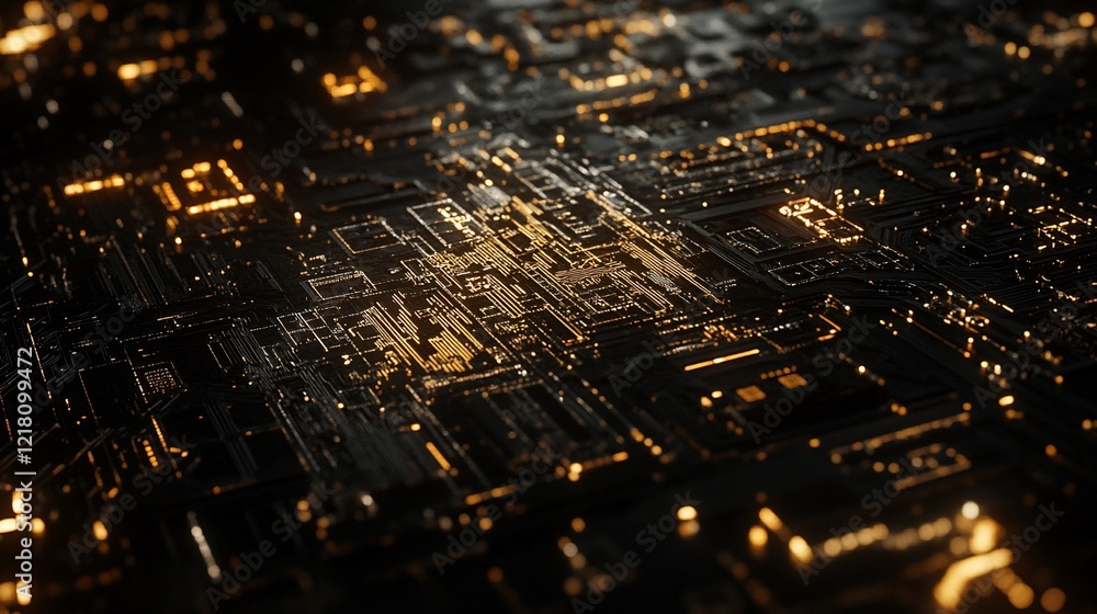 Abstract circuit board close up with glowing golden pathways and components, detailed technology background Abstract circuit board close up with glowing golden pathways and components, detailed technology background