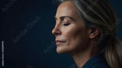 Profile of beautiful mature woman with her eyes closed - peace of mind concept - calm and relax or being in present moment with meditation or contemplation with deep breath - in focus of deep thoughts photo