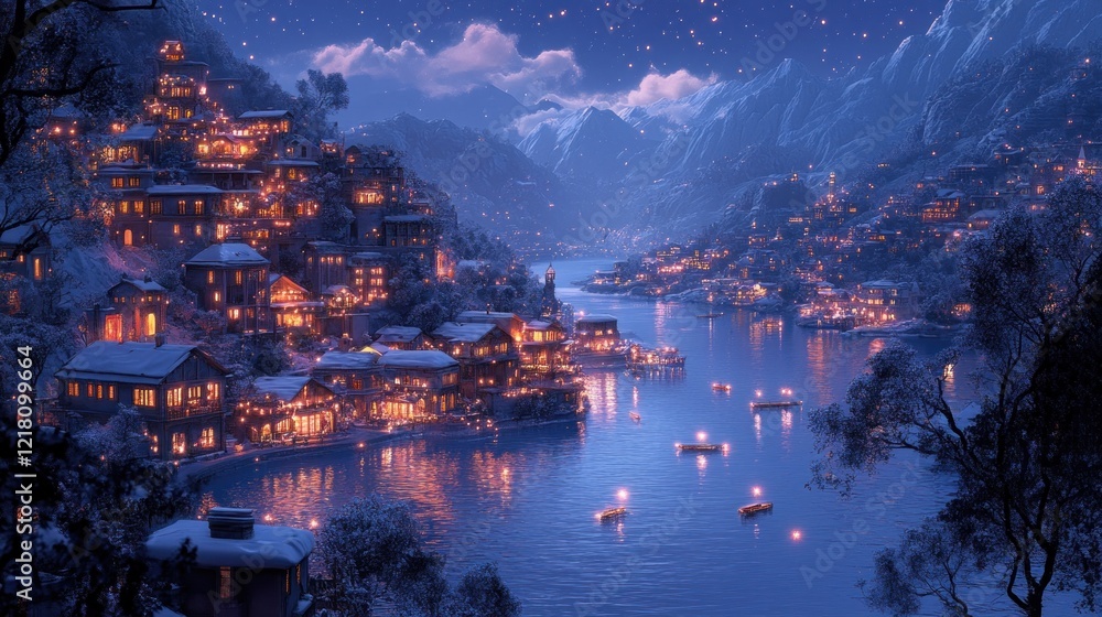 Fototapeta premium Night snowy village by calm lake under starry sky.