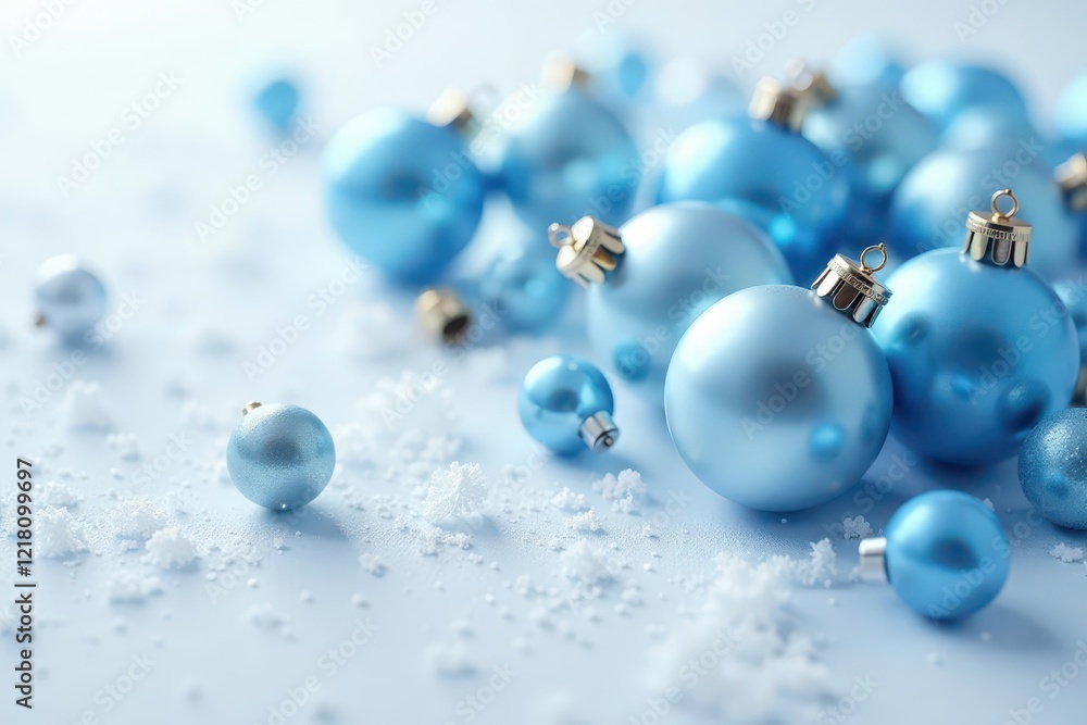 Icy blue baubles scattered on pristine white surface, silver, shine, sparkle Icy blue baubles scattered on pristine white surface, silver, shine, sparkle