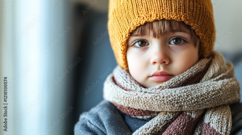 A little boy with goosebumps, bundled up with a scarf and hat indoors. A little boy with goosebumps, bundled up with a scarf and hat indoors.