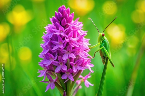 A close-up showcases the Anacamptis pyramidalis orchid; a green grasshopper adds unexpected life. photo