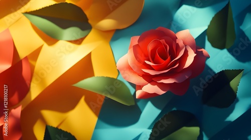 paper rose and leaves on colorful background photo