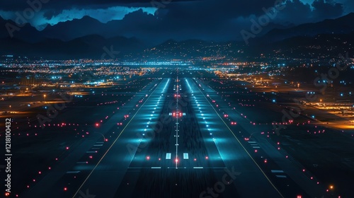 Nighttime aerial view of a bustling airport with runway lights illuminating the landscape under a starry sky