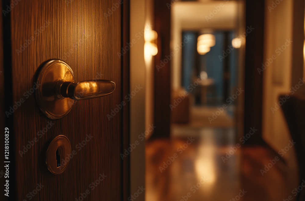 close up of wooden door handle and lock, leading to softly lit hallway. warm ambiance creates welcoming atmosphere close up of wooden door handle and lock, leading to softly lit hallway. warm ambiance creates welcoming atmosphere