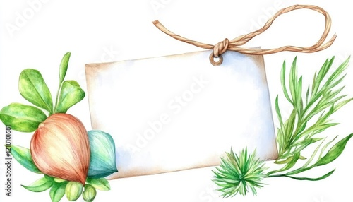 A vibrant watercolor illustration featuring an empty tag surrounded by colorful herbs and plants, ideal for labeling
